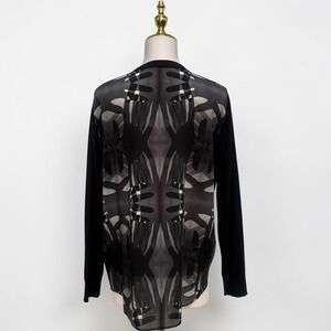 Akris Wool Cardigan Black Overlapping Hands Graphic Print Sheer Back Sz L Artsy